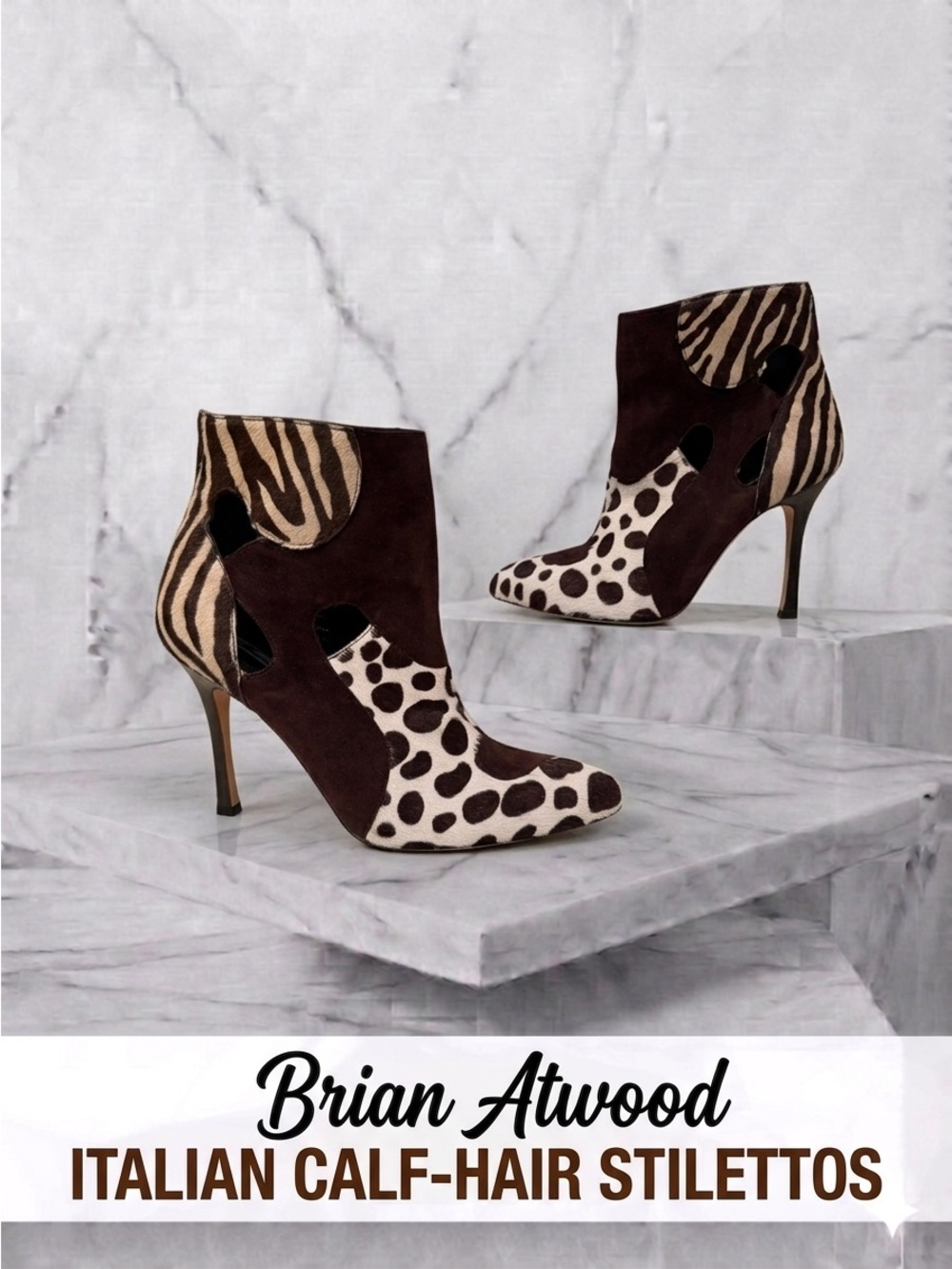 Brian Atwood Camoscio Animal Print Calf Hair Stiletto Booties Size 38.5 Exc Cond